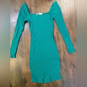 Free People- FP Beach Square-Neck Ribbed Midi Long-Sleeve Dress in Teal Green